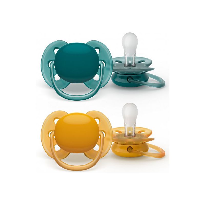 זוג מוצצי סיליקון לבנים 6-18 חודשים Avent Ultra Soft - צבע ירוק/צהוב
