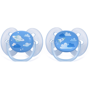זוג מוצצי סיליקון לבנים 6-18 חודשים Avent Ultra Soft - עיצוב חלל כחול